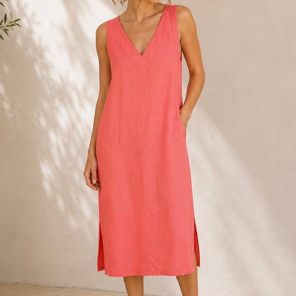 DKNY | NWT Coral Pink Linen Blend Sleeveless V-Neck‎ Shift Dress | XL
